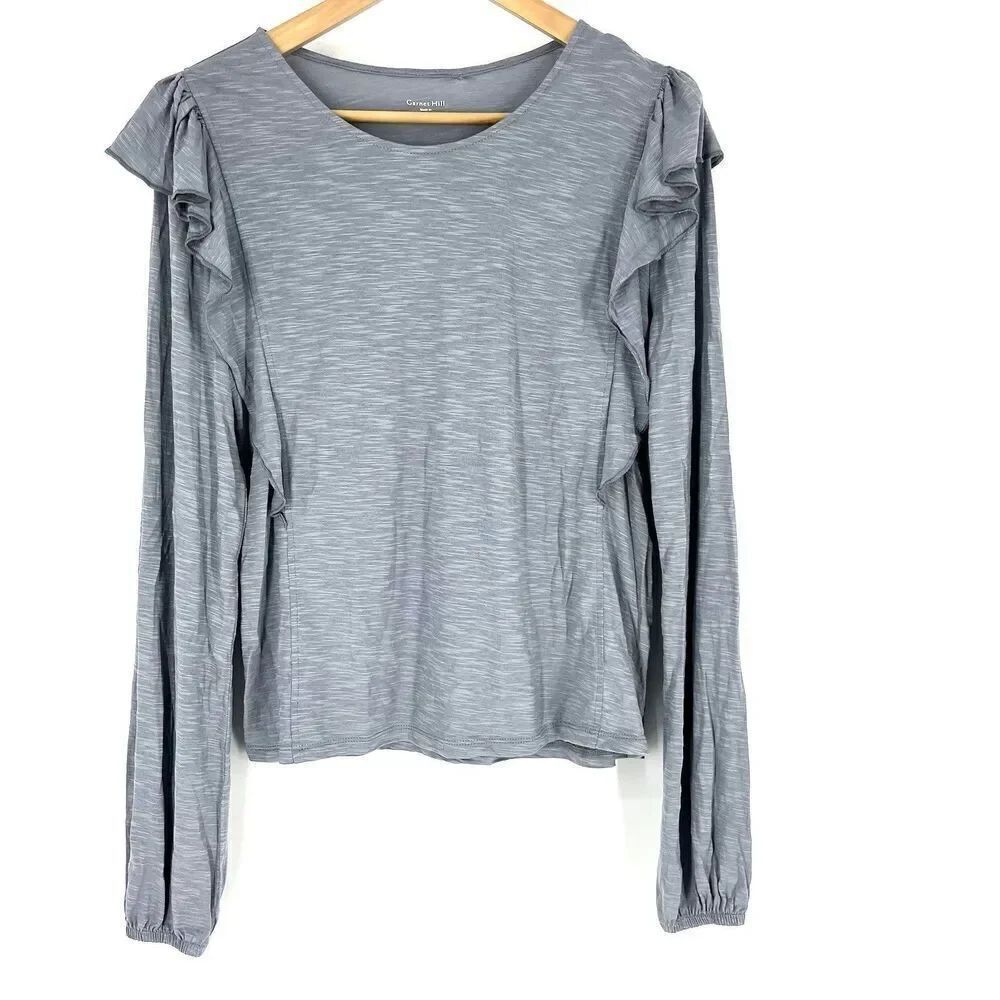 Garnet Hill Reia Ruffle Shoulder Top Size Small Gray Stretch Knit Peasant Boho